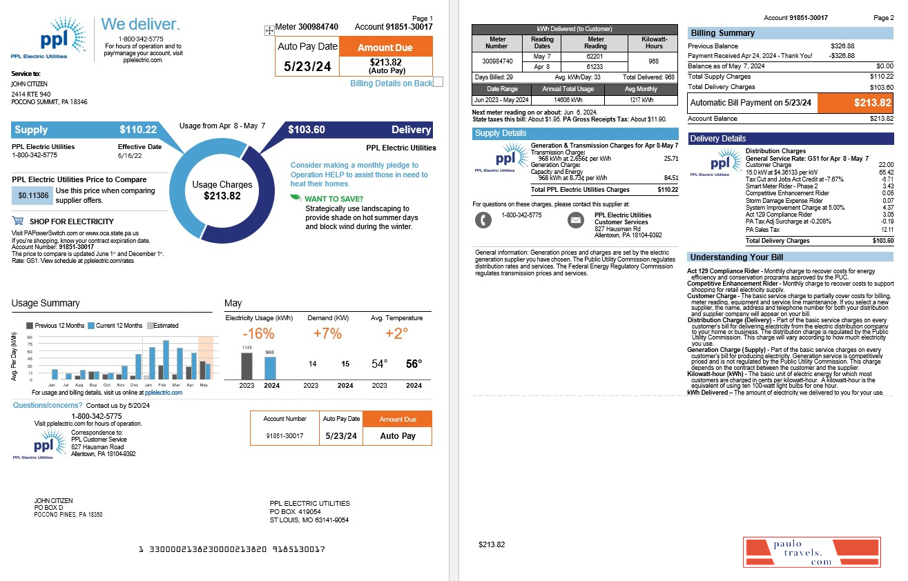 USA Pennsylvania PPL electric utility bill, 3 pages